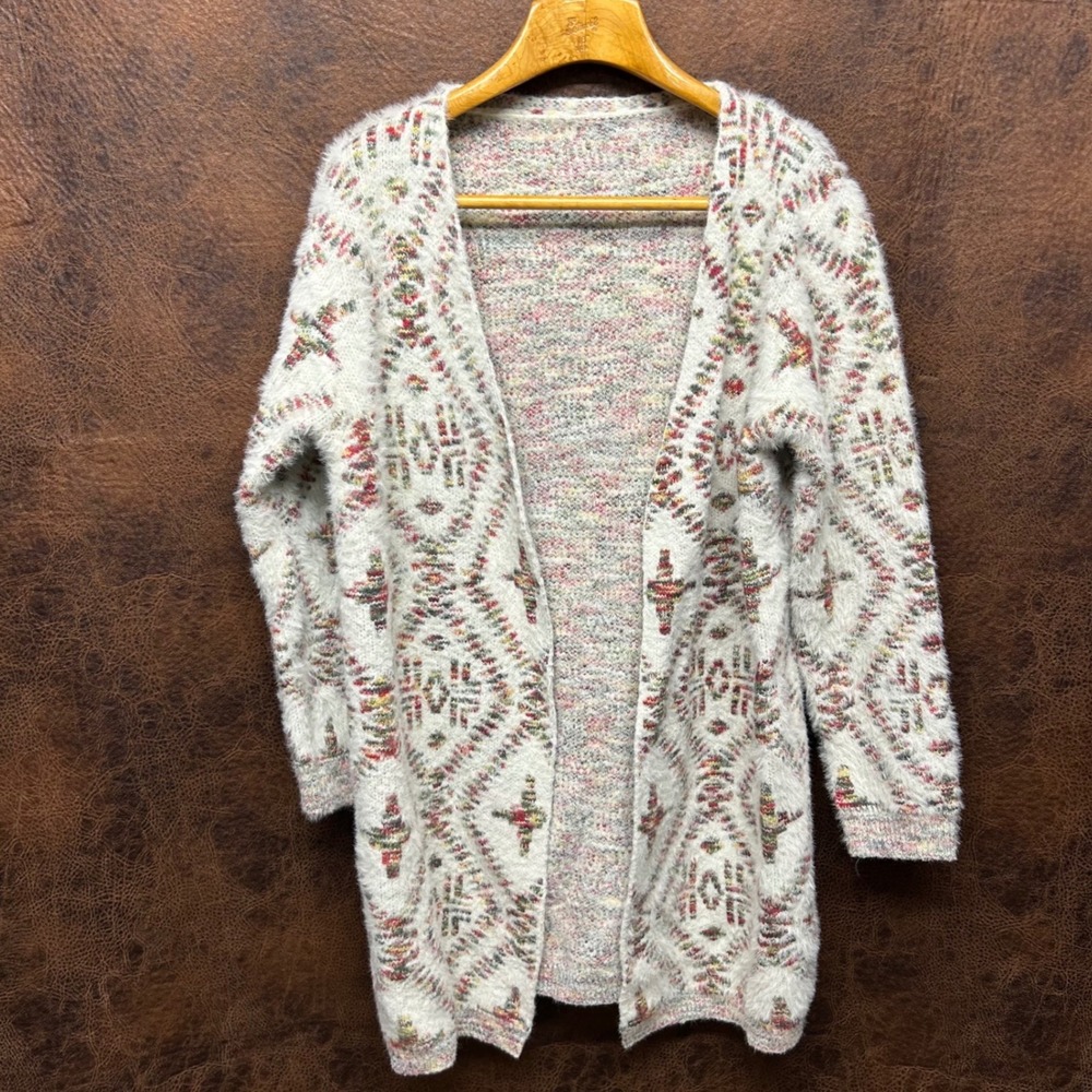 Cream Aztec Blanket Pattern Open Mid-length Cardigan XL